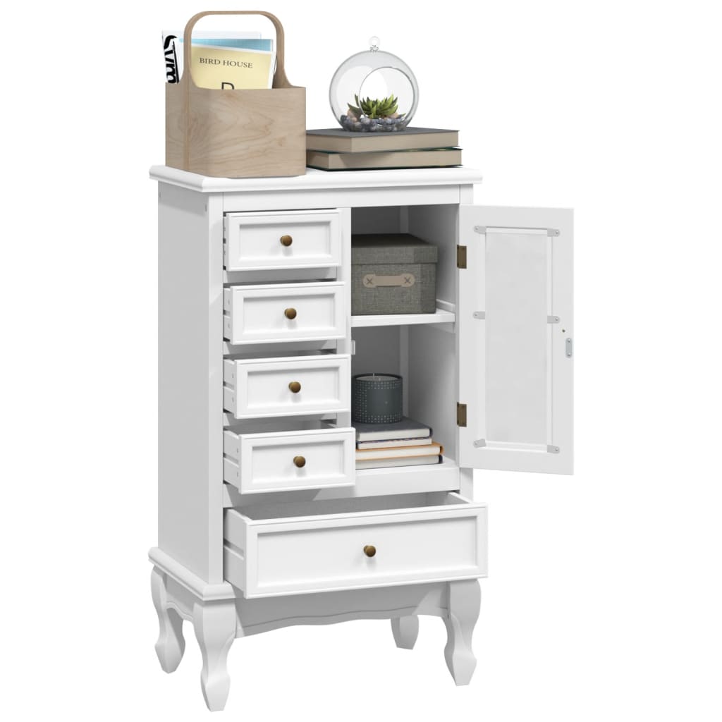 White cabinet with 5 drawers and 2 shelves