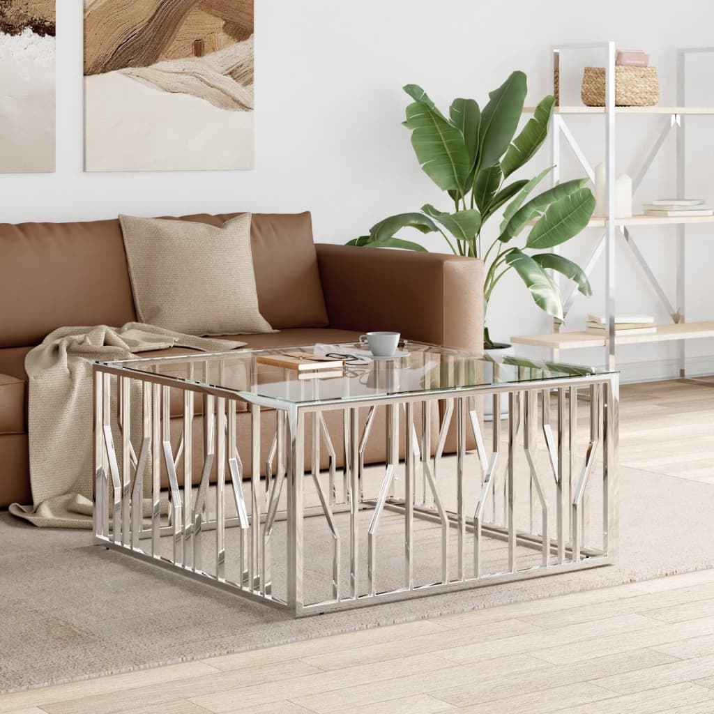 Table Basse Argenté Acier Inoxydable Et Massif D'acacia