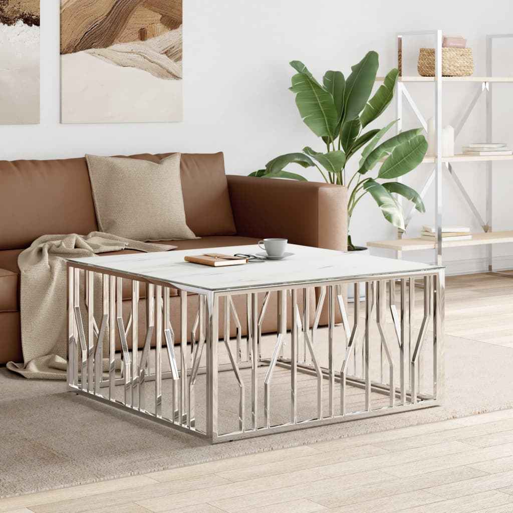 Table Basse Argenté Acier Inoxydable Et Massif D'acacia