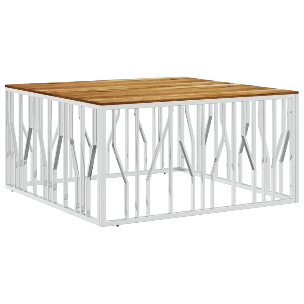 Table Basse Argenté Acier Inoxydable Et Massif D'acacia