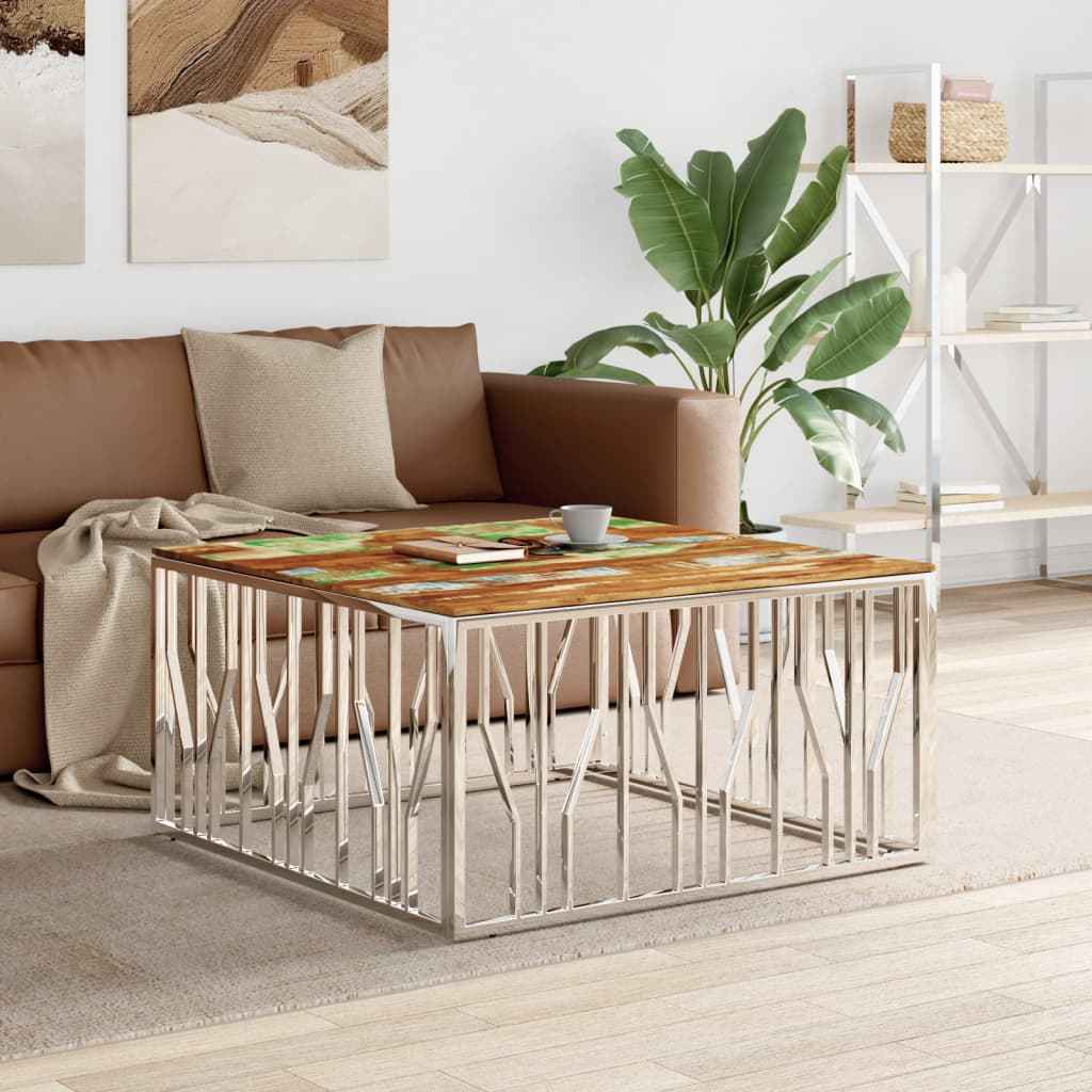 Table Basse Argenté Acier Inoxydable Et Massif D'acacia