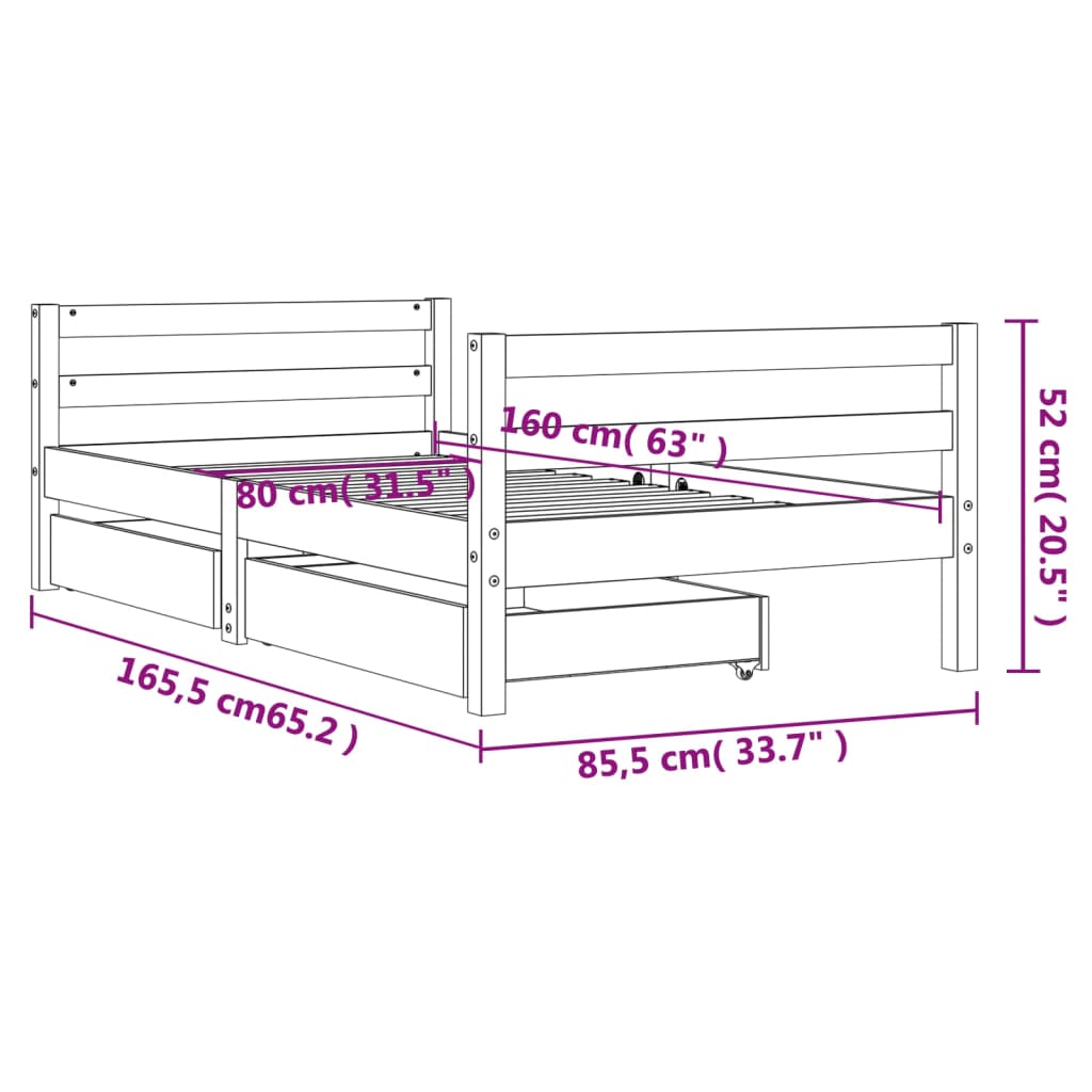 Cadre De Lit Pour Enfant Tiroirs 80X160Cm Bois Pin Massif