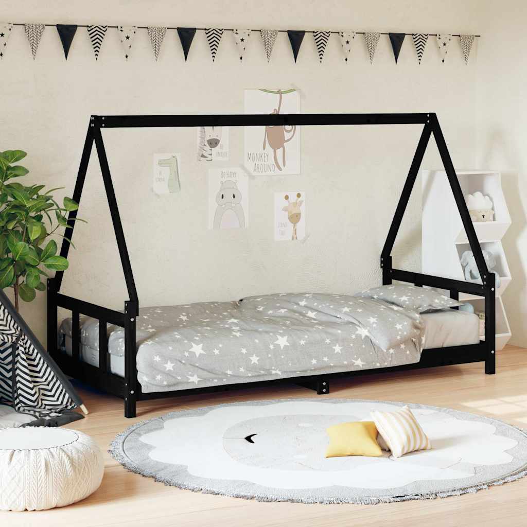 Cadre de lit pour enfants noir 90x200 cm bois de pin massif