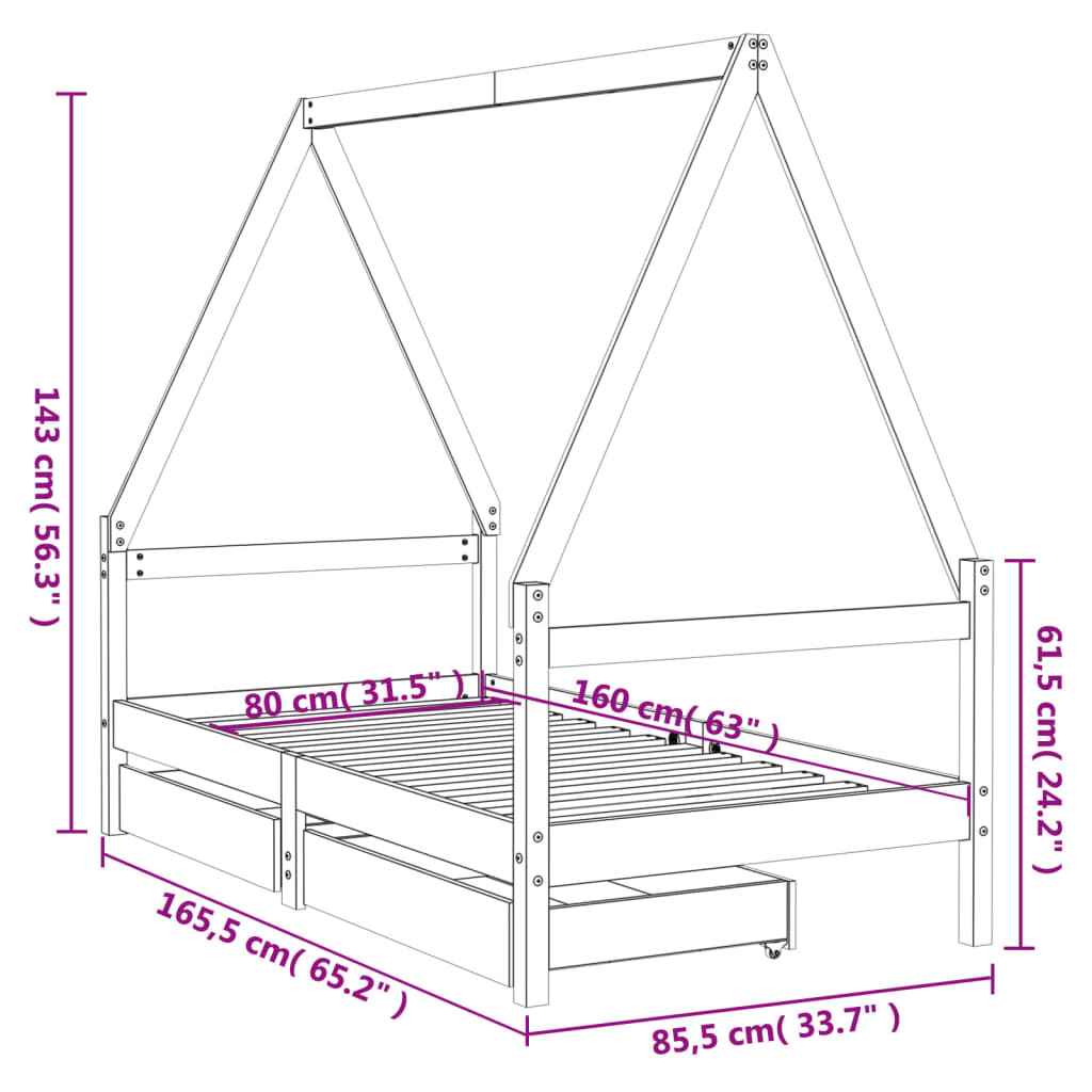 Cadre De Lit Pour Enfant Et Tiroirs 80X160Cm Bois De Pin Massif