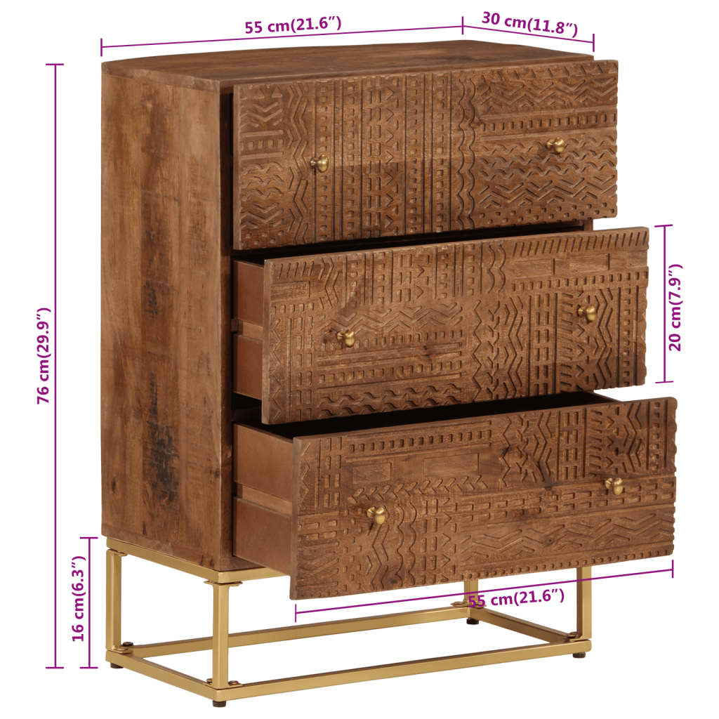 Commode 55X30X76 Cm Bois Massif De Manguier Et Fer