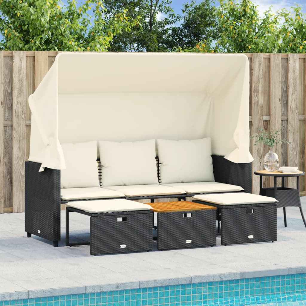 Canapé De Jardin 3 Places Avec Auvent Et Tabourets Rotin