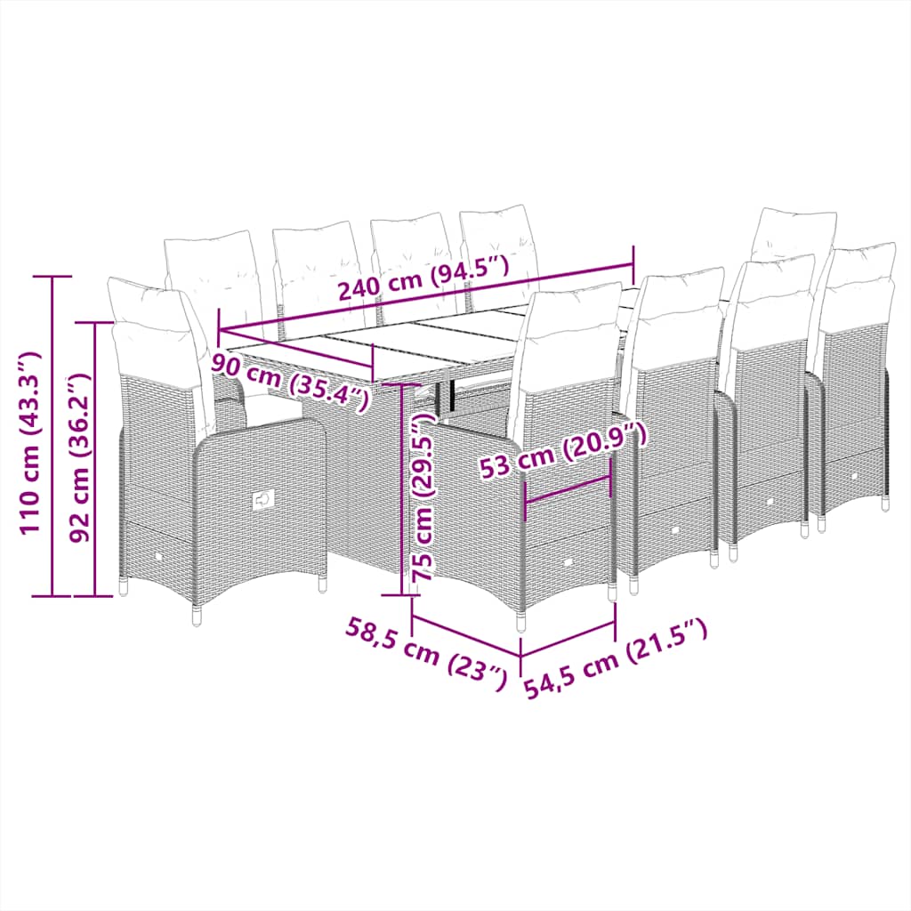 Ensemble De Bistro De Jardin 11 Pcs Coussins Poly Rotin