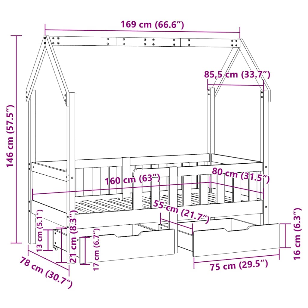 Cadre De Lit Enfant Avec Tiroirs Sans Matelas 80X170 Cm Bois