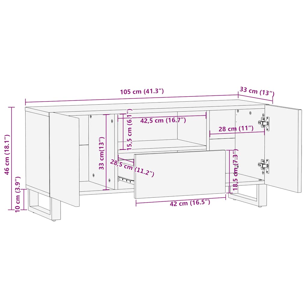 Meuble Tv Noir 105X33X46 Cm Bois Massif De Manguier
