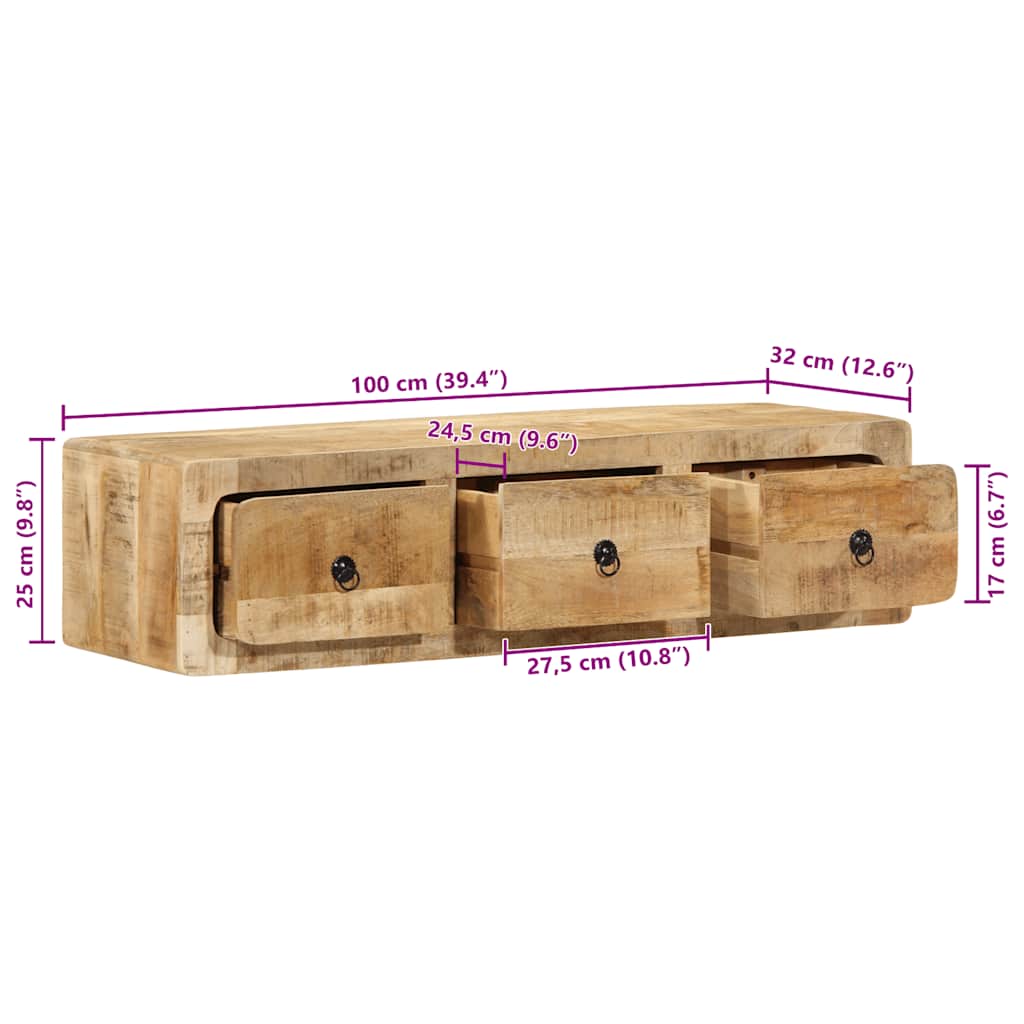 Meuble Tv Mural 100X32X25 Cm Bois Massif Manguier Brut