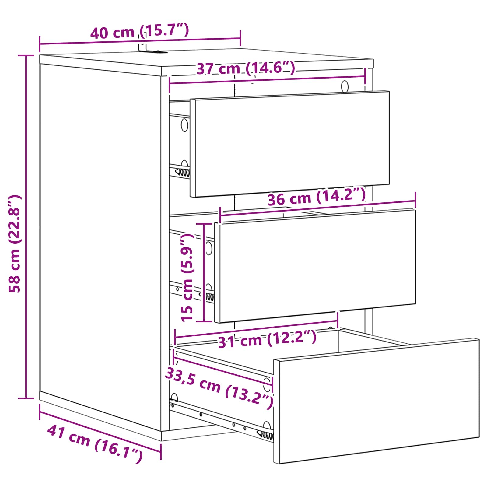 Black Oak Drawer Cabinet 41 x 40 x 58 cm Engineered Wood